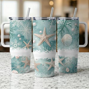 May include: Three stainless steel travel tumblers with white handles and lids. The tumblers feature a watercolor design of starfish, seashells, snowflakes, and pearls on a teal background. Each tumbler has a silver straw.