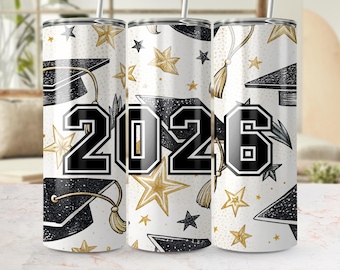 2026 Graduation Tumbler Wrap Png, Graduation Cap, Gold Stars, Class of 2026, Celebration, Digital Design, Instant Download