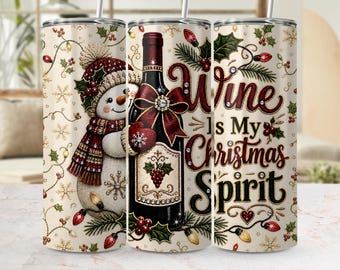 Christmas Snowman Wine Tumbler Wrap PNG | Festive Spirit Sublimation Design (Digital Download)
