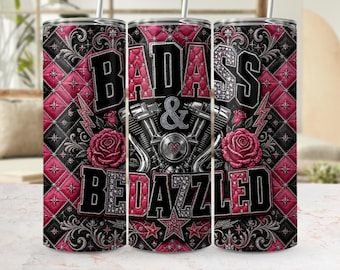 Badass Bedazzled Tumbler Wrap PNG | Biker Chic Motorcycle Design (Digital Download)