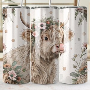 Highland Cow Tumbler Wrap Png, Cute Cow Digital Download, Floral Cow Sublimation Design, Cow Wrap for 20oz Tumblers