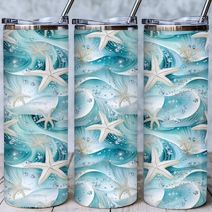 May include: Three stainless steel tumblers with a beach-themed design. The design features white starfish, swirling turquoise waves, and sparkling accents. Each tumbler has a silver straw and a black lid.