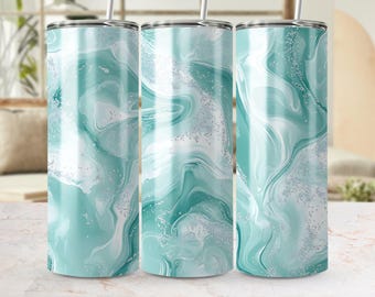 Teal Marble Tumbler Wrap: Glitter Watercolor Design (PNG Digital Download)