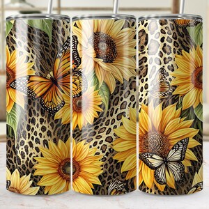 Sunflower Butterfly Tumbler Wrap Png, Leopard Print Seamless Sublimation Design, 20 Oz Skinny Tumbler Digital Download, Floral Tumbler Png