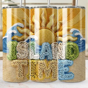 May include: A stainless steel tumbler with a beach-themed design. The design features a sun, waves, and the words "ISLAND TIME" in a textured, 3D style. The background has a woven texture in shades of yellow and tan.