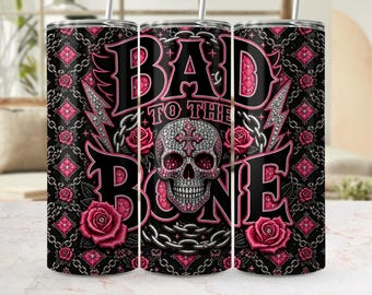 Bad To The Bone タンブラーラップ PNG: ピンクのドクロ、バラ、チェーン (デジタルダウンロード)