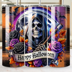 Grim Reaper Halloween Tumbler Wrap: Spooky Skull Floral Design (PNG Digital Download)