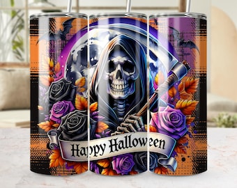Grim Reaper Halloween Tumbler Wrap: Spooky Skull Floral Design (PNG Digital Download)