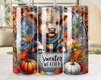 Highland Cow Tumbler Wrap PNG, Fall Pumpkins, Sweater Weather (Digital Download)