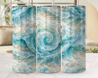 Envoltorio para vaso con diseño de olas marinas, diseño de playa en acuarela con efecto purpurina (descarga digital)