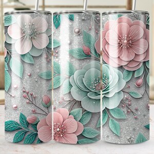 Floral Tumbler Wrap Png, Seamless Flower Design, Watercolor Tumbler, Pink and Teal Design, Elegant Tumbler Wrap, Digital Download