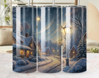Winter Village Tumbler Wrap PNG: Christmas Scene, Holiday Design (Digital Download)