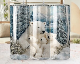Polar Bear Tumbler Wrap PNG, Winter Scene, Faux Felt Look (Digital File)