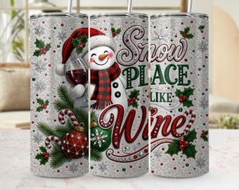 Funny Snowman Wine Tumbler Wrap PNG | Faux Rhinestone Christmas Sublimation Design (Digital Download)