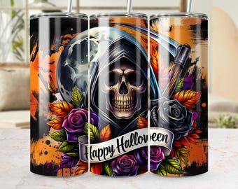 死神のハロウィンタンブラーラップ：スカル＆ローズ（20オンスタンブラー用PNGデジタルダウンロード）