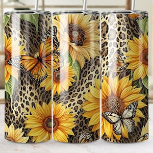 Sunflower Butterfly Tumbler Wrap Png, Leopard Print Seamless Sublimation Design, 20 Oz Skinny Tumbler Digital Download, Floral Tumbler Png