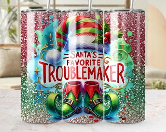 Santa's Troublemaker Tumbler Wrap PNG: Christmas Sublimation Design (Digital Download)