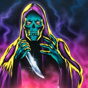 May include: A digital painting of a skeletal figure in a purple and yellow hooded robe holding a knife. The figure has glowing green eyes and a city skyline is visible in the background.