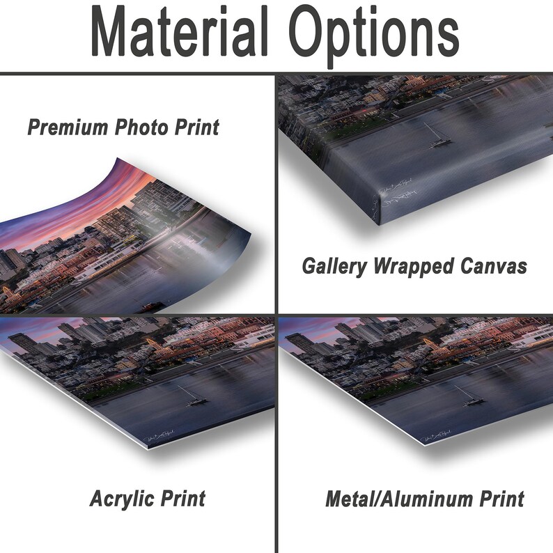 The image is a collage of four different print options for a cityscape, including a premium photo print, a gallery wrapped canvas, an acrylic print, and a metal/aluminum print.