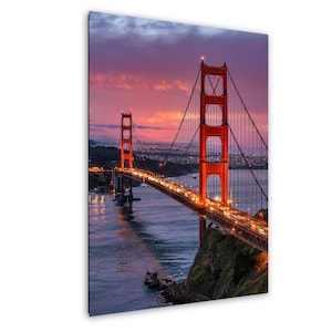 Fotografia del tramonto sul Golden Gate Bridge: arte murale del paesaggio urbano di San Francisco