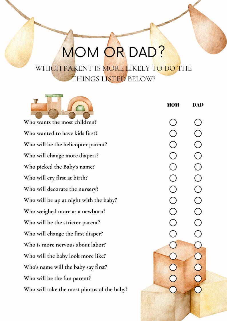Baby Shower Game Mom or Dad Game Printable Baby Shower Game Baby Shower