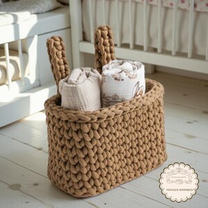 Handmade Baby Caddy Knit Nursery Organizer Organic Cotton Storage Basket Crib Hanging Design Diaper Changing Station Accessory Bedside Essential Holder Vintage Inspired Pattern Textured Yarn Construction Durable Structure Soft Material