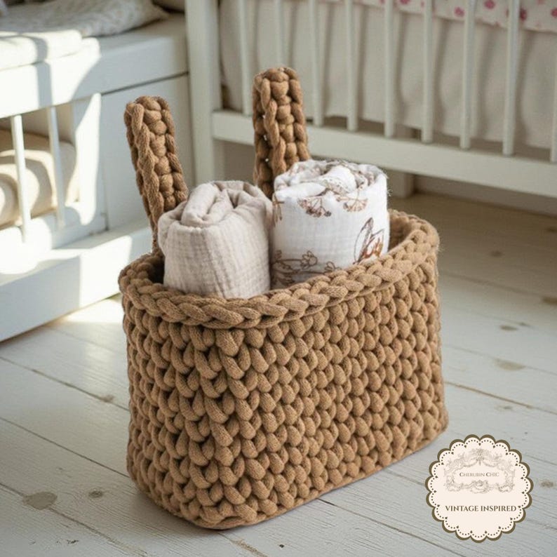 Handmade Baby Caddy Knit Nursery Organizer Organic Cotton Storage Basket Crib Hanging Design Diaper Changing Station Accessory Bedside Essential Holder Vintage Inspired Pattern Textured Yarn Construction Durable Structure Soft Material