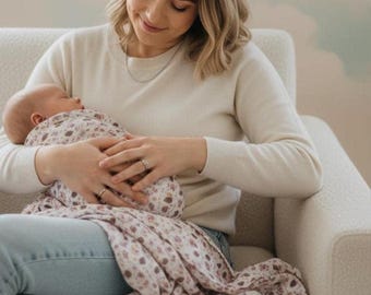 Organic Muslin Swaddle Blanket Oversized Baby Wrap Cotton Pine Pattern Embroidered Edge Design Double Sided Fabric Premium Quality Newborn