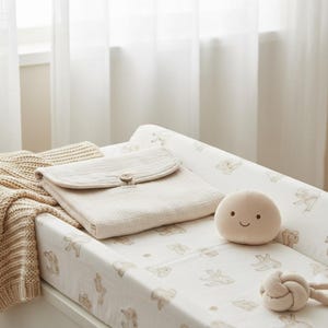 Puede incluir: Una estación para cambiar pañales de bebé de color crema con un cambiador con ilustraciones de pequeños animales. También se ven una funda de cambiador a juego, un pequeño peluche y un juguete anudado.