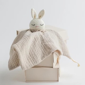 Biologische mousseline Lovey Bunny dekbed speelgoed beige babydeken veiligheid pasgeboren knuffelzacht sensorisch babykamer comfort knuffeldier natuurlijk