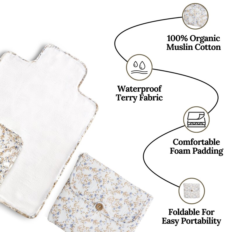 Portable Changing Pad Diaper Mat Baby Changing Station Portable Travel Pad Waterproof Muslin Organic Material Lightweight Design Floral image 9
