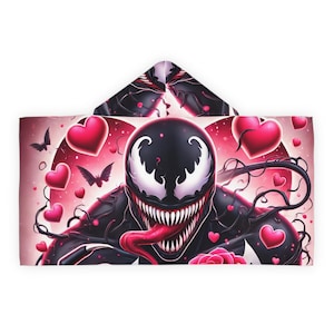 Venom Valentines Day Youth Hooded Towel, Kids Bath Wrap, Children's Beach Poncho, Toddler Hooded Towel, Heart Patterned Towel