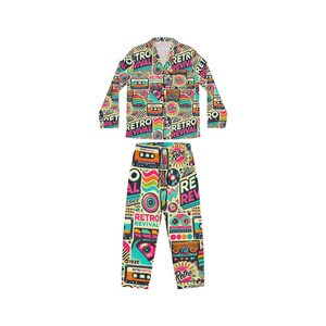 Retro Revival Nostalgia-Driven 70s 80s 90s Design, Satin Pajamas, Bold Colors & Vintage Typography, Comfortable Sleepwear, Women&#39;s
