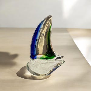 Murano Glassware Sailboat 7.5&quot; Blue Green Art Glass Nautical Sculpture Modern