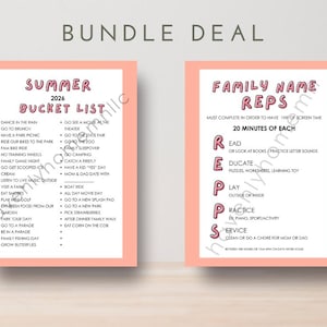May include: Two printable activity sheets with coral borders. The left sheet is titled Summer 2026 Bucket List with a checklist of activities. The right sheet is titled Family Name Reps, outlining daily tasks including Read, Educate, Play, Practice, and Service.