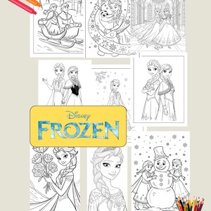 Op de afbeelding: Een verzameling Disney Frozen kleurplaten met lijntekeningen van personages zoals Elsa, Anna en Olaf. De set bevat een geel rechthoekig bord met de tekst Disney FROZEN, een set kleurrijke stiften en een beker gevuld met kleurpotloden.