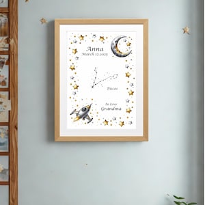 Póster editable con el nombre de Piscis – Signo del zodiaco personalizado en PDF – Arte mural personalizado para bebé – Descarga instantánea