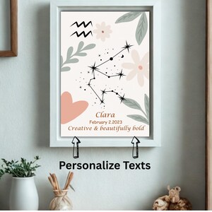 Póster editable con el nombre de Acuario – Signo del zodiaco personalizado en PDF – Arte mural personalizado para bebé – Descarga instantánea