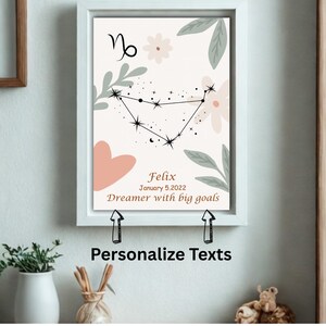 Póster editable con el nombre de Capricornio – Signo del zodiaco personalizado en PDF – Arte mural personalizado para bebé – Descarga instantánea
