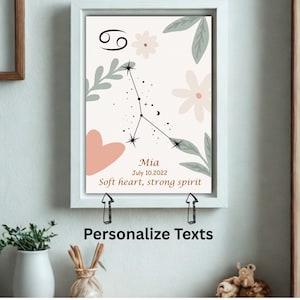 Póster editable con el nombre de Cáncer – Signo del zodiaco personalizado en PDF – Arte mural personalizado para bebé – Descarga instantánea