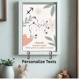 Póster editable con el nombre de Sagitario – Signo del zodiaco personalizado en PDF – Arte mural personalizado para bebé – Descarga instantánea