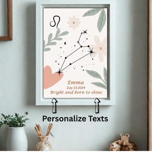 Póster editable con el nombre Leo – Signo del zodiaco personalizado en PDF – Arte mural personalizado para bebé – Descarga instantánea