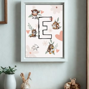 Pôster com nome - Impressão de letras de animais - Arte de parede personalizada para berçário - Estilo Ella - Decoração para berçário para impressão instantânea