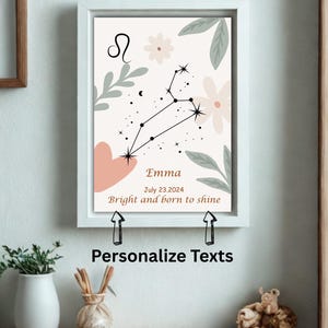 Póster con nombre del zodíaco editable - Texto personalizable - Decoración de pared para habitación de bebé o guardería - Descarga instantánea - Incluye los 12 signos