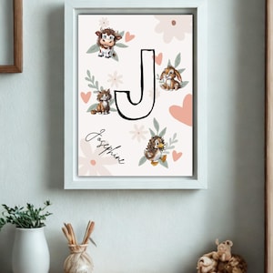 Pôster com nome - Impressão de letras de animais - Arte de parede personalizada para berçário - Estilo Josephine - Decoração para berçário para impressão instantânea