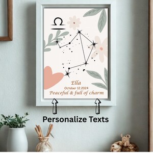 Póster editable con el nombre de Libra – Signo del zodiaco personalizado en PDF – Arte mural personalizado para bebé – Descarga instantánea