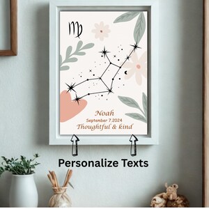 Póster editable con el nombre de Virgo – Signo del zodiaco personalizado en PDF – Arte mural personalizado para bebé – Descarga instantánea