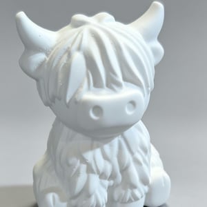 May include: A solid white figurine of a Highland cow with a shaggy coat, prominent horns, and a fringe of hair covering its eyes. The sculpture is crafted from a matte material and features a seated posture with detailed texture on the fur.