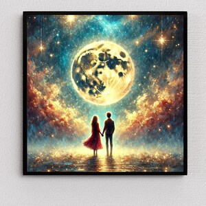 Romantic Couple Under the Moon, Celestial Love Wall Art, Dreamy Starry Night Print, Digital Download, Ethereal Moonlight Decor Oil Canvas