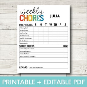 Chore Chart for Kids, Kids Chores, Kids Chore Chart, Responsibility Chart, Chore Chart Printable, Editable PDF, Instant Download